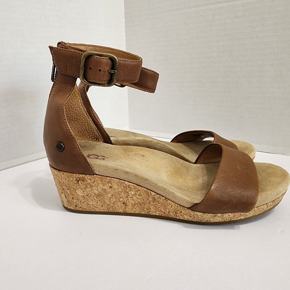 UGG Zoe II Wedge Sandals Leather Cork Ankle Strap Brown Boho 7.5 - Picture 3 of 14